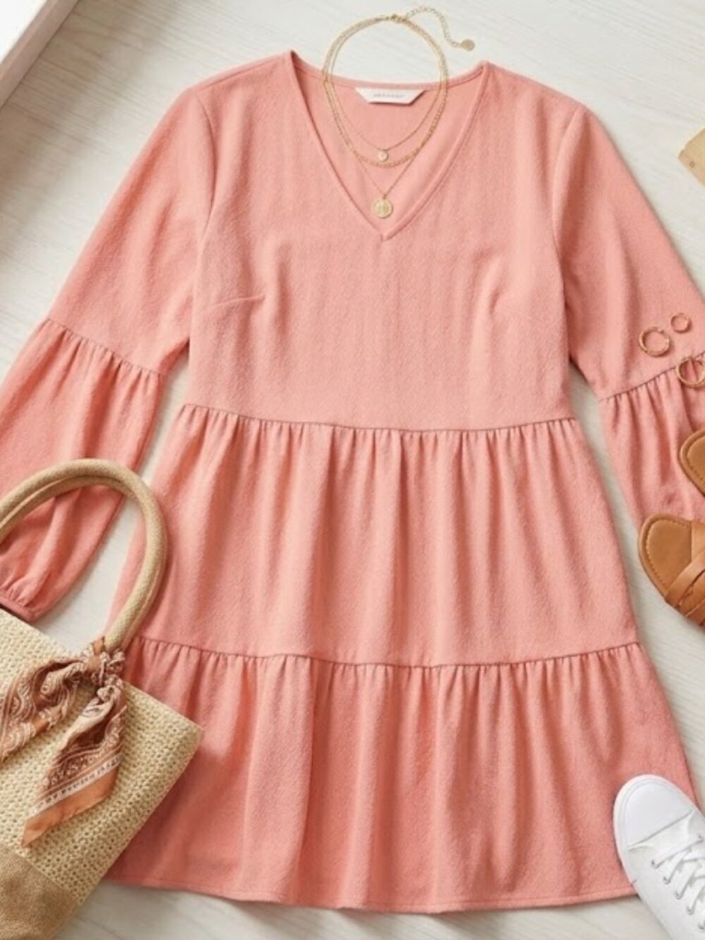 NIB Amazon Boho Chic Pink Tiered Long Sleeve Mini Dress – Size L - Picture 6 of 6